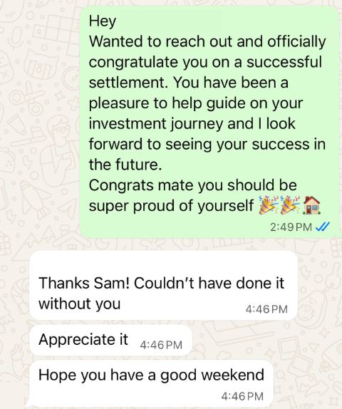 Client WhatsApp message confirming successful settlement