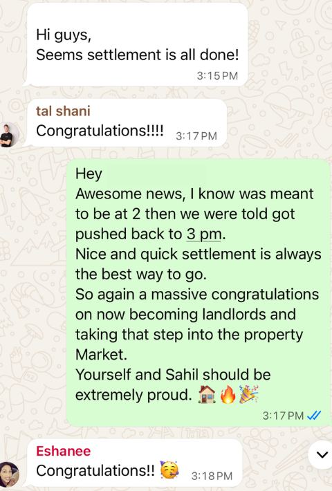 Client WhatsApp message confirming settlement