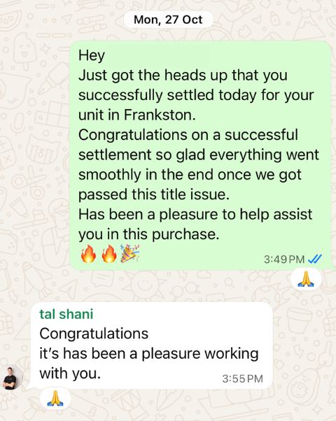 Client WhatsApp message celebrating settlement