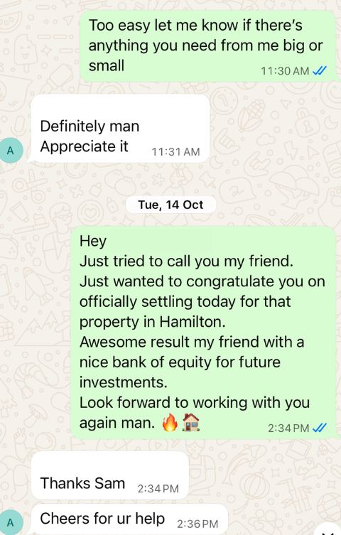 Client WhatsApp message noting equity gains