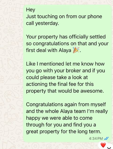 Client WhatsApp message confirming first deal