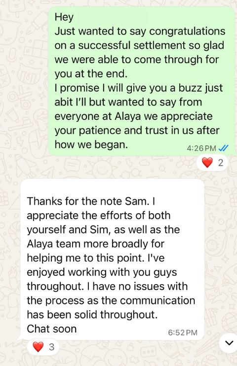 Client WhatsApp message appreciating communication