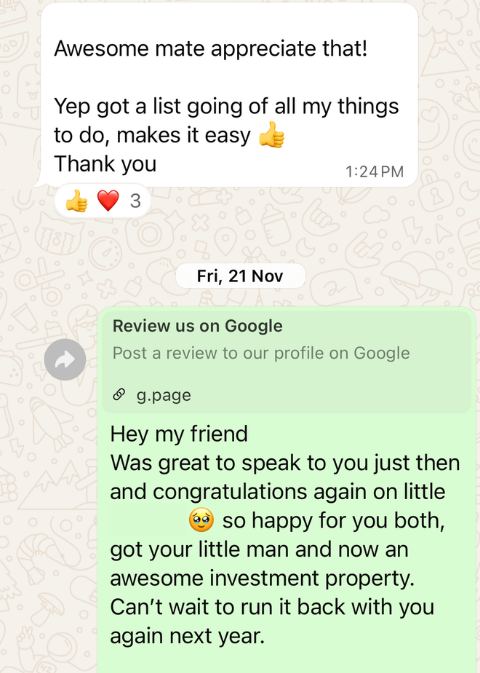 Client WhatsApp message confirming property secured
