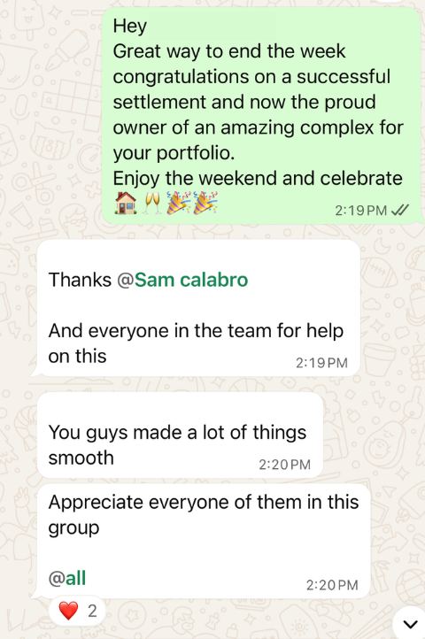 Client WhatsApp message confirming smooth settlement