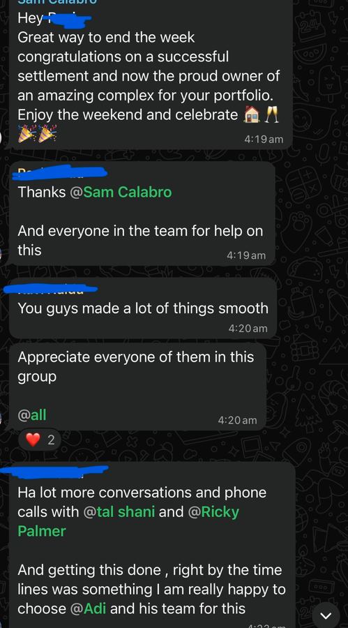 Client WhatsApp message appreciating smooth process